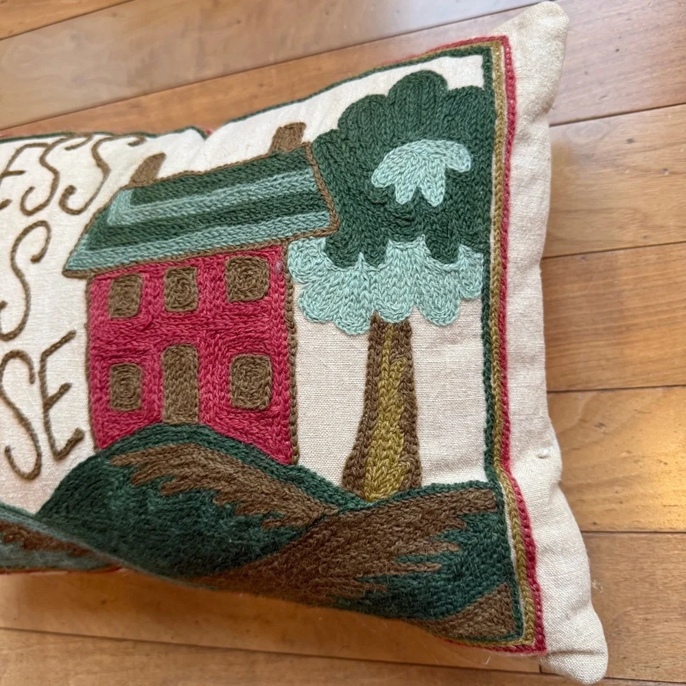Decorative Bless This House Crewel Throw Pillow Accent Embroidered 15.5” x 12